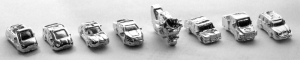 metal pewter nickel plated vehicles game pieces: sports car, economy, luxury, SUV, truck, motorcycle, convertible